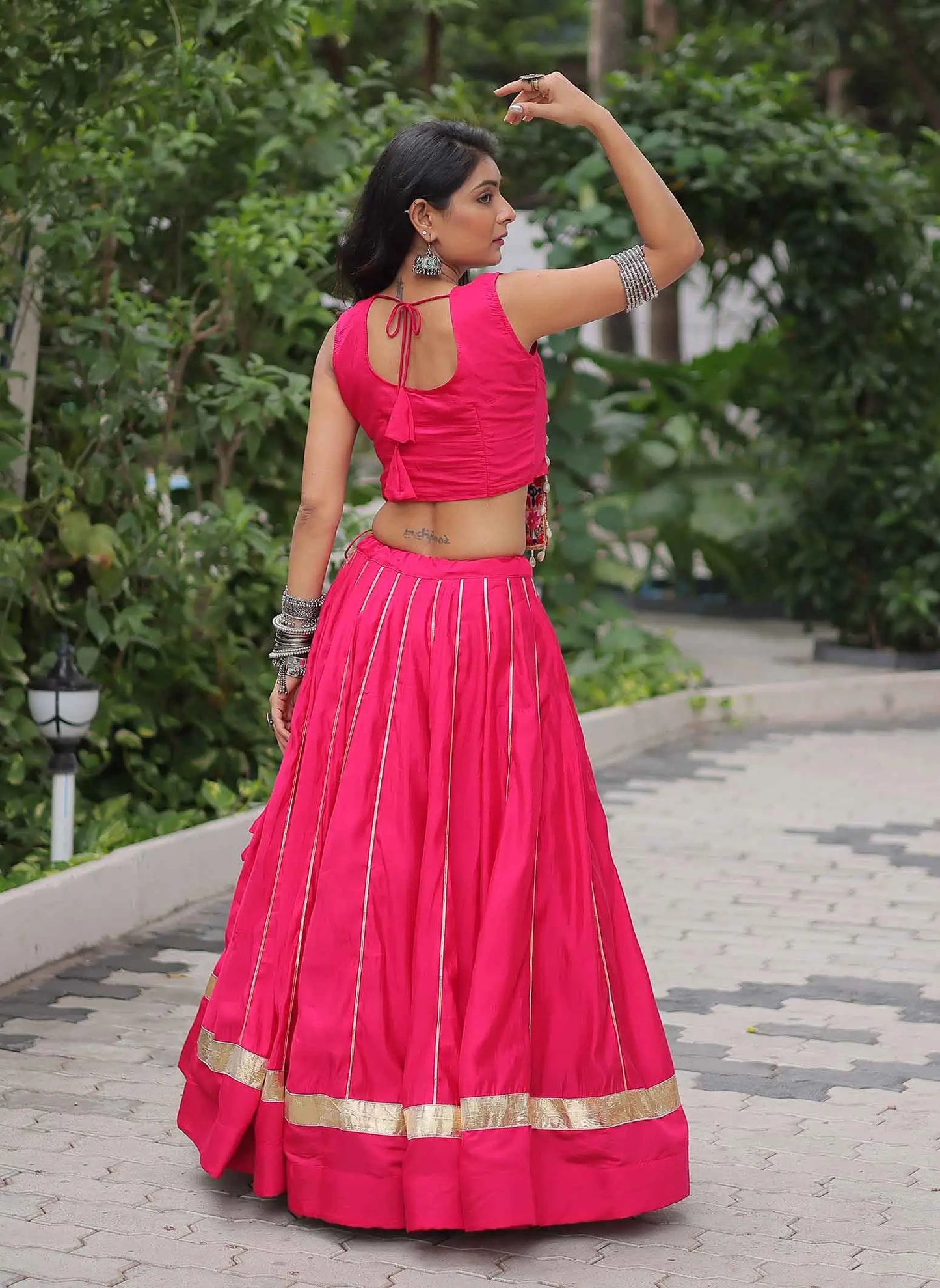 Red Pink Gamthi Mirror Work Roman Silk Navratri Lehenga Choli