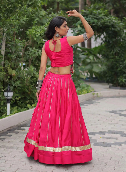 Red Pink Gamthi Mirror Work Roman Silk Navratri Lehenga Choli