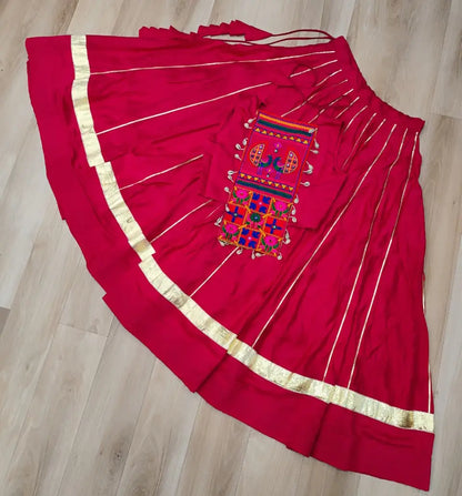 Red Pink Gamthi Mirror Work Roman Silk Navratri Lehenga Choli