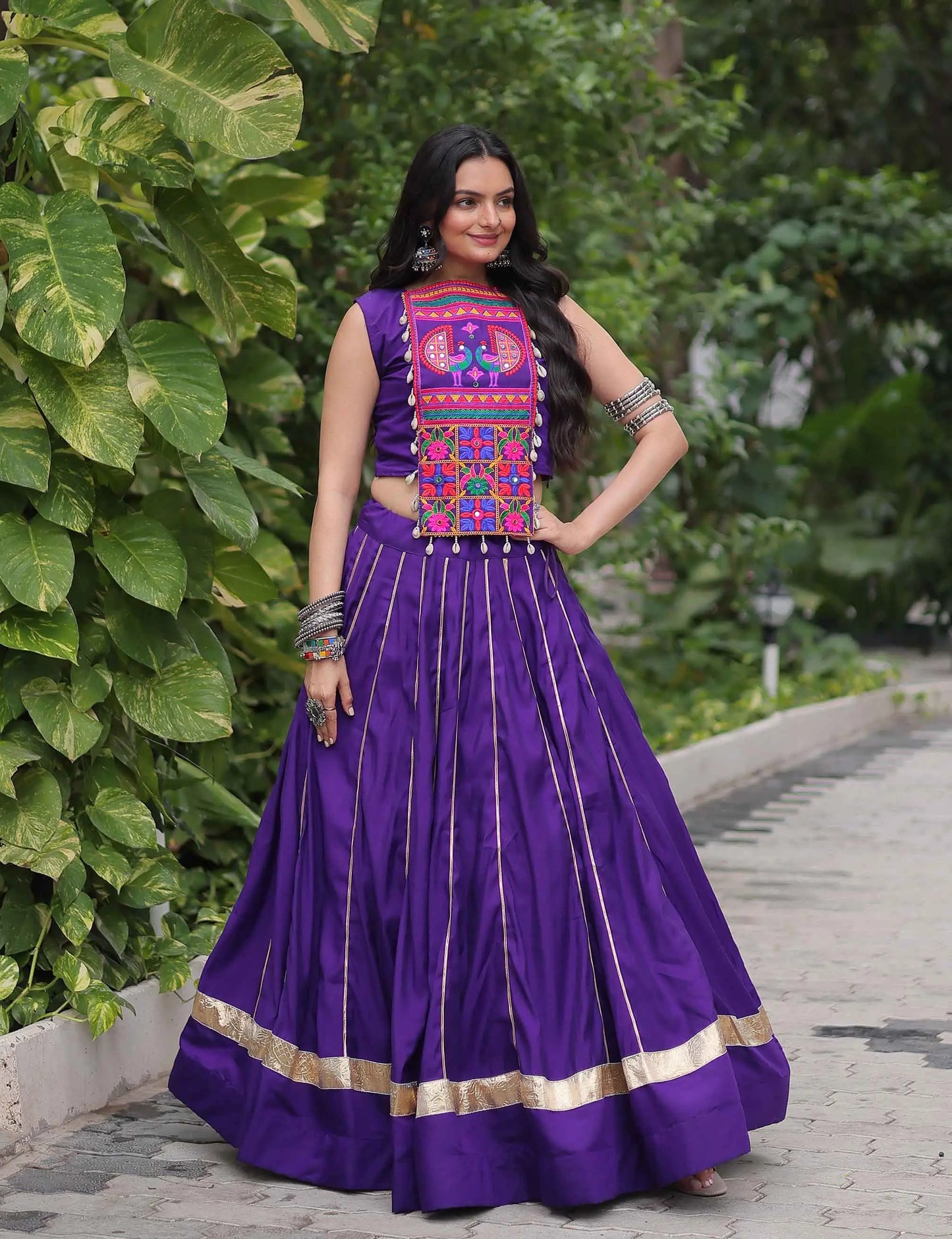 Purple Gamthi Mirror Work Roman Silk Navratri Lehenga Choli