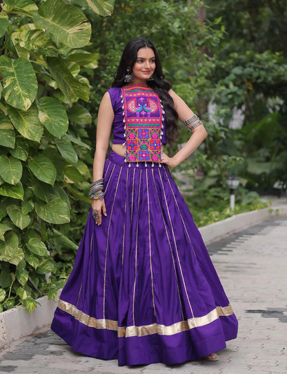 Purple Gamthi Mirror Work Roman Silk Navratri Lehenga Choli