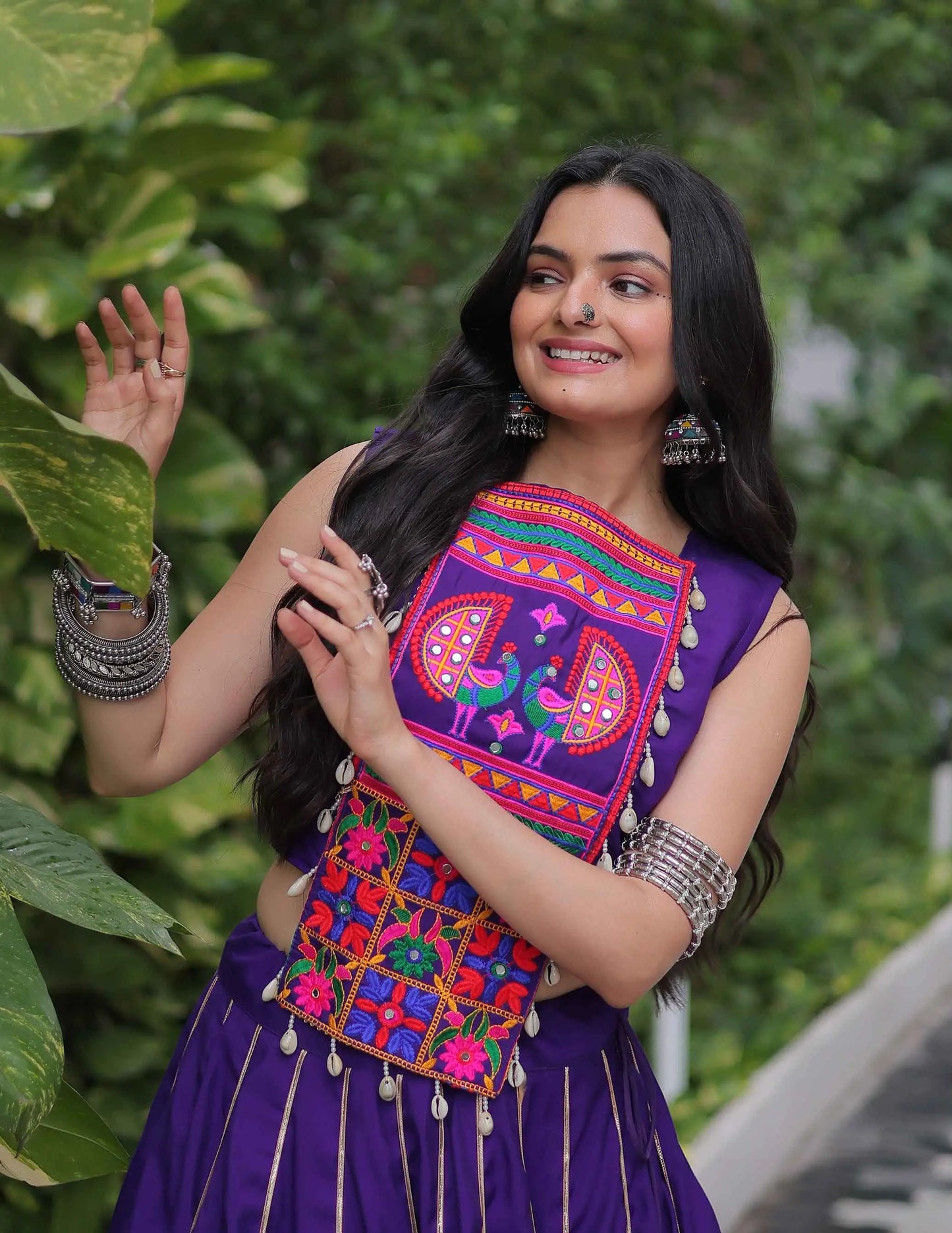 Purple Gamthi Mirror Work Roman Silk Navratri Lehenga Choli