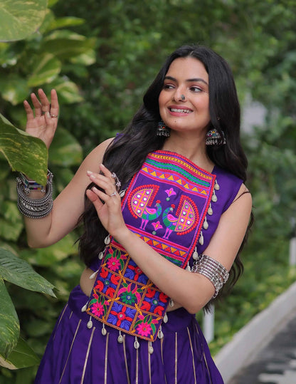 Purple Gamthi Mirror Work Roman Silk Navratri Lehenga Choli