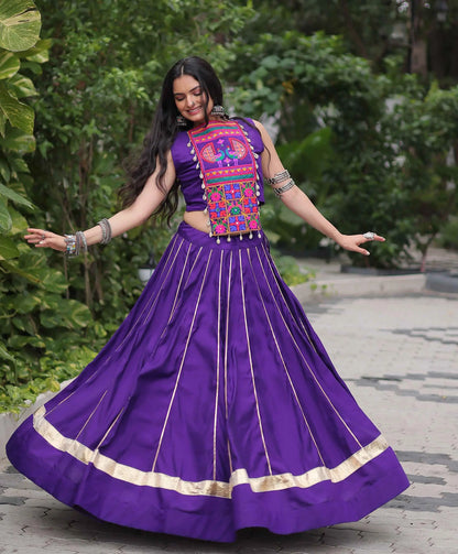 Purple Gamthi Mirror Work Roman Silk Navratri Lehenga Choli