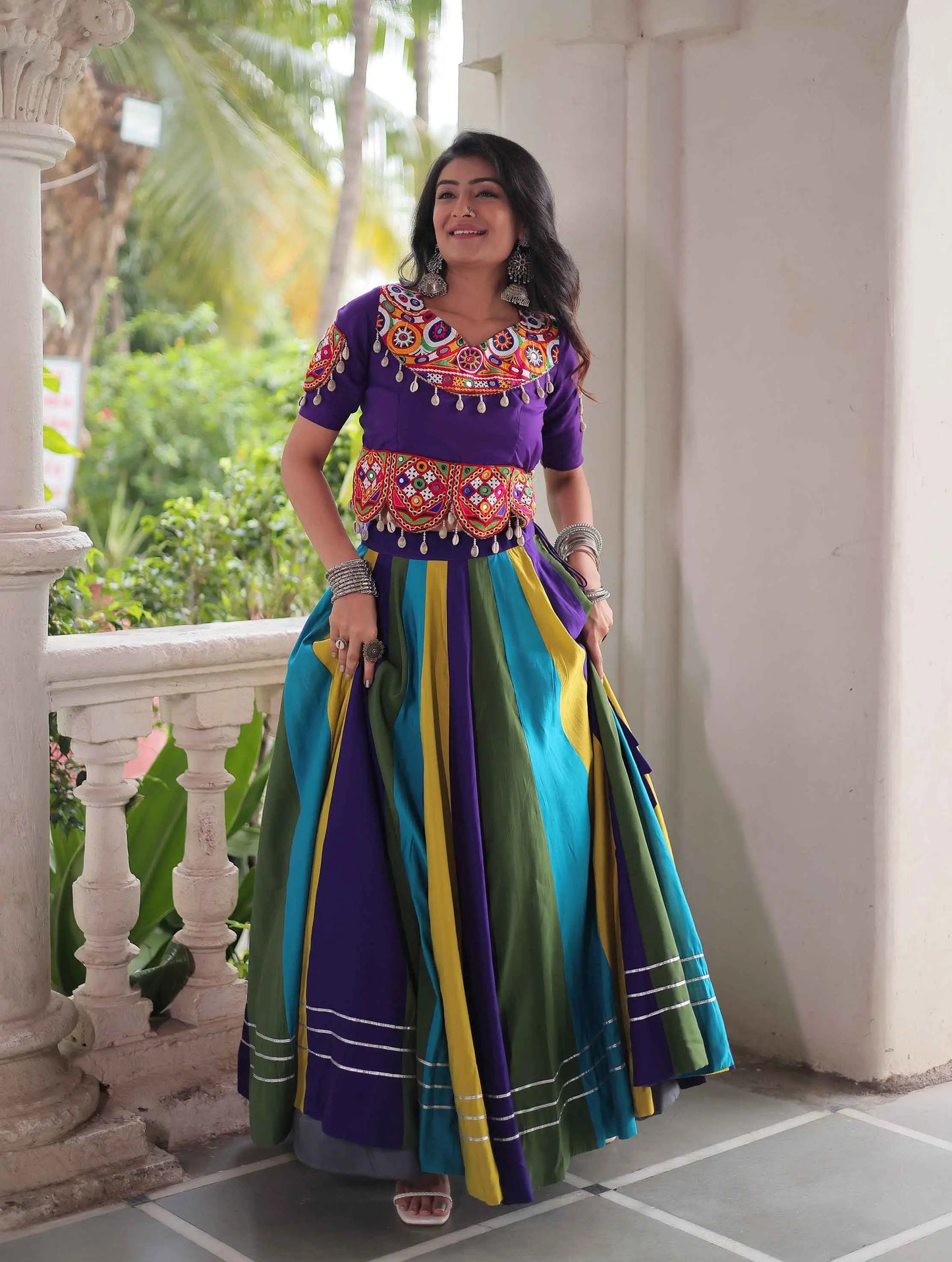 Multi Color Navratri Lehenga With Gamthi And Mirror Work Blouse