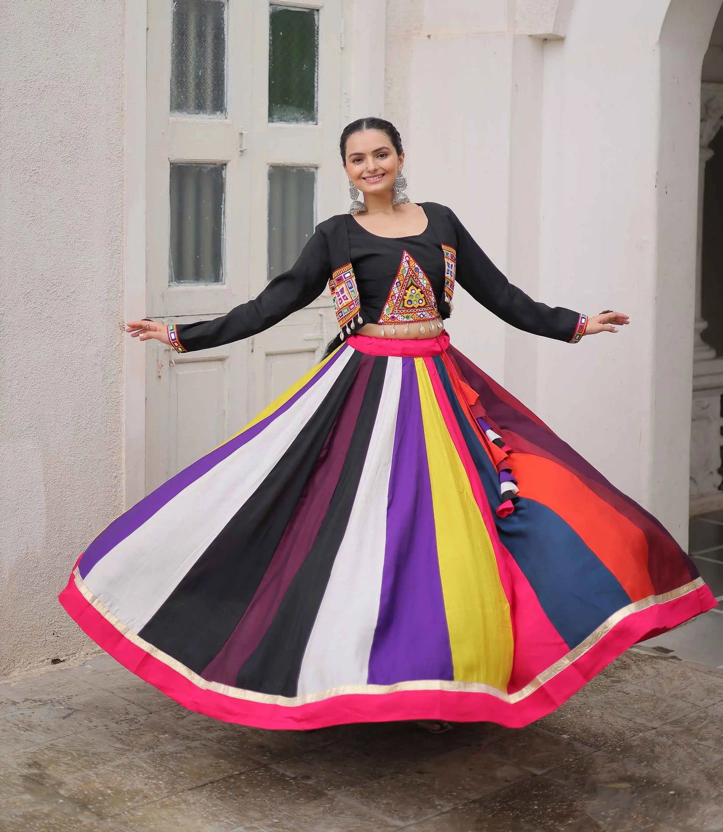 Multi Color Navratri Lehenga With Gamthi And Mirror Work Blouse And Koti