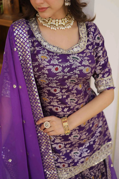 Dark Purple Jacquard Embroidery Work Sharara Suit With Dupatta