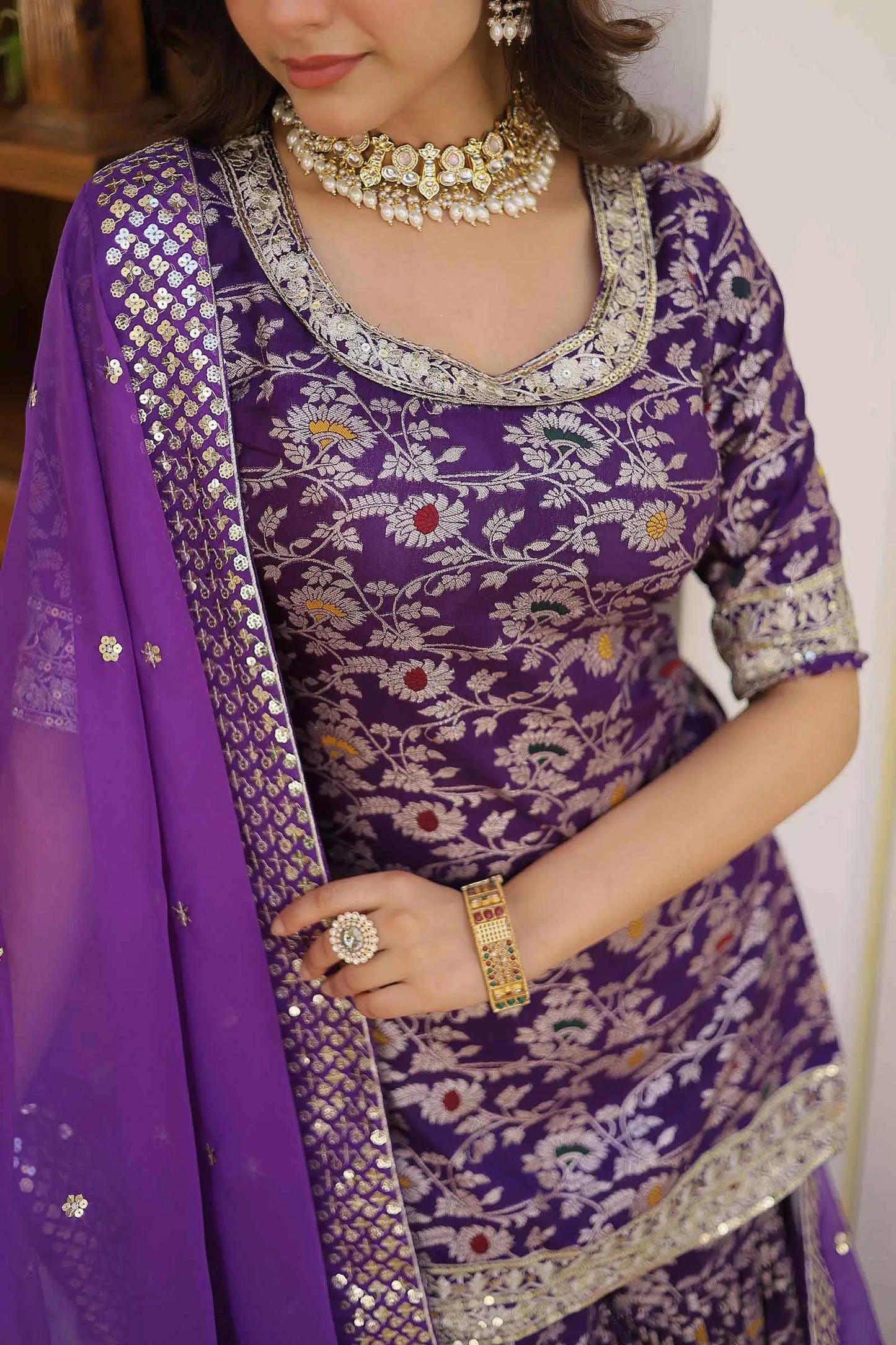 Dark Purple Jacquard Embroidery Work Sharara Suit With Dupatta