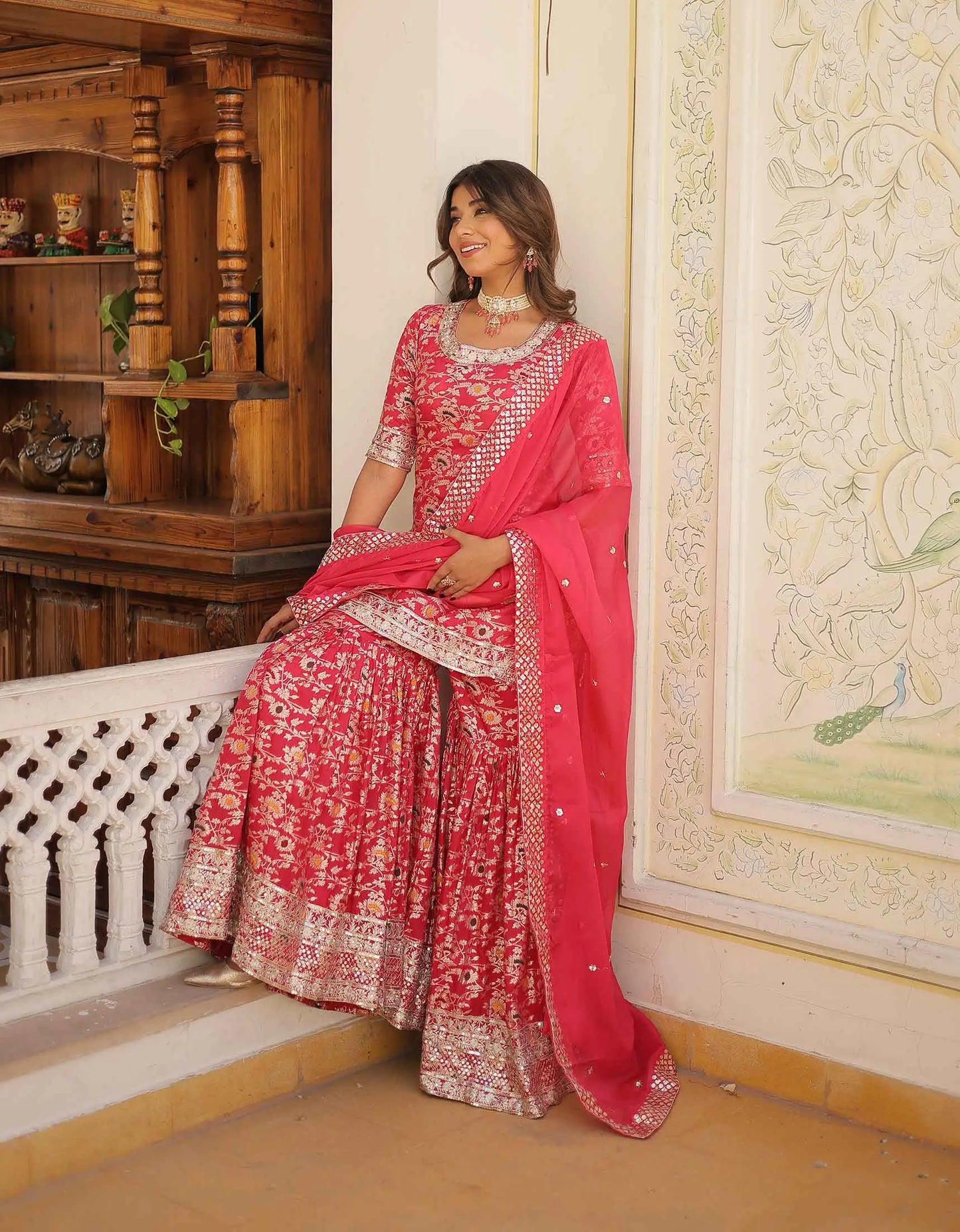 Pinkish Red Jacquard Embroidery Work Sharara Suit With Dupatta