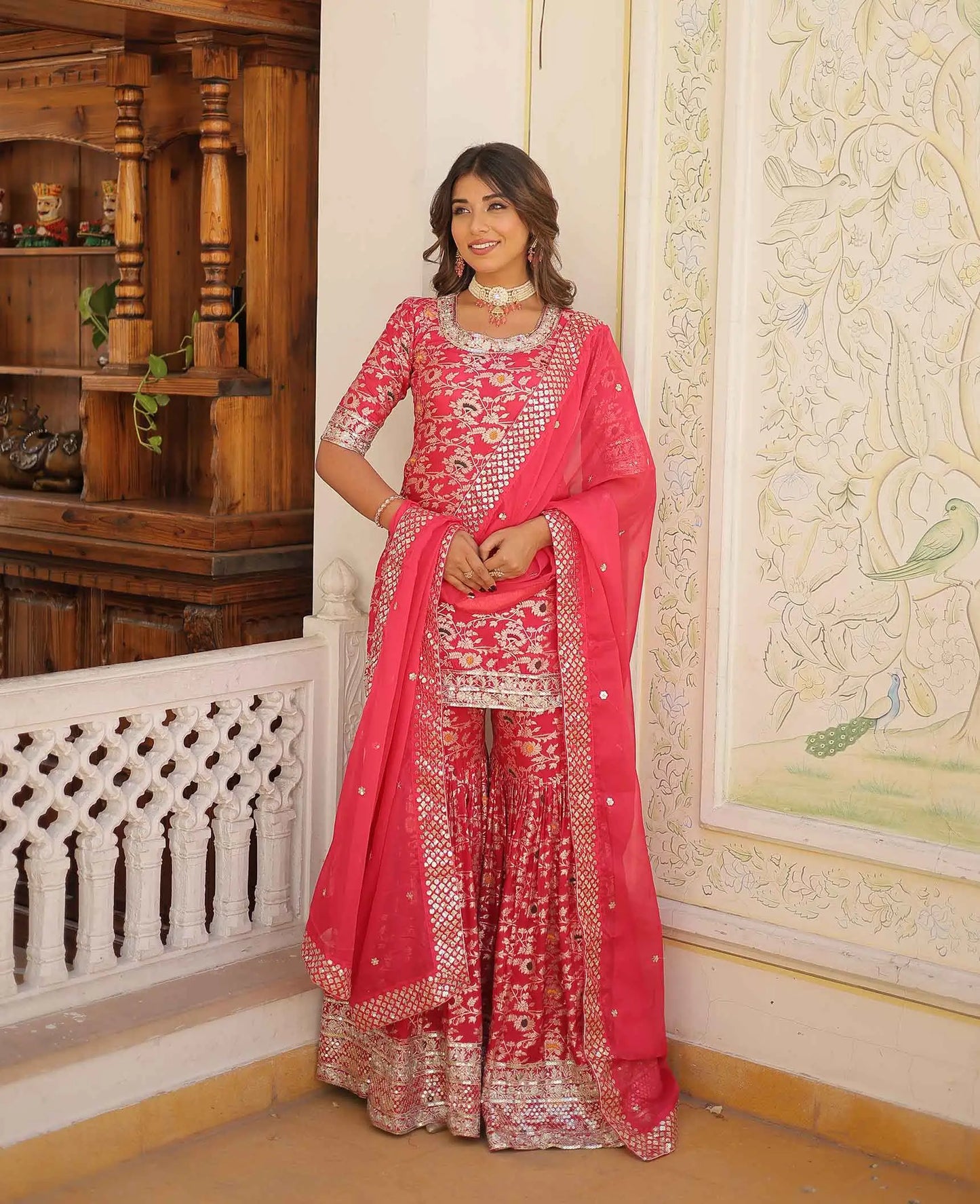 Pinkish Red Jacquard Embroidery Work Sharara Suit With Dupatta