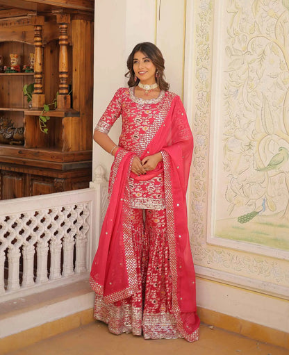 Pinkish Red Jacquard Embroidery Work Sharara Suit With Dupatta