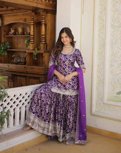 Dark Purple Jacquard Embroidery Work Sharara Suit With Dupatta