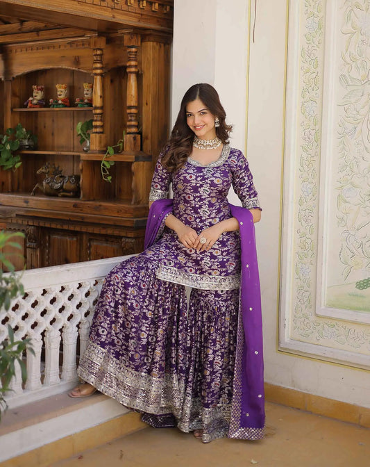 Dark Purple Jacquard Embroidery Work Sharara Suit With Dupatta