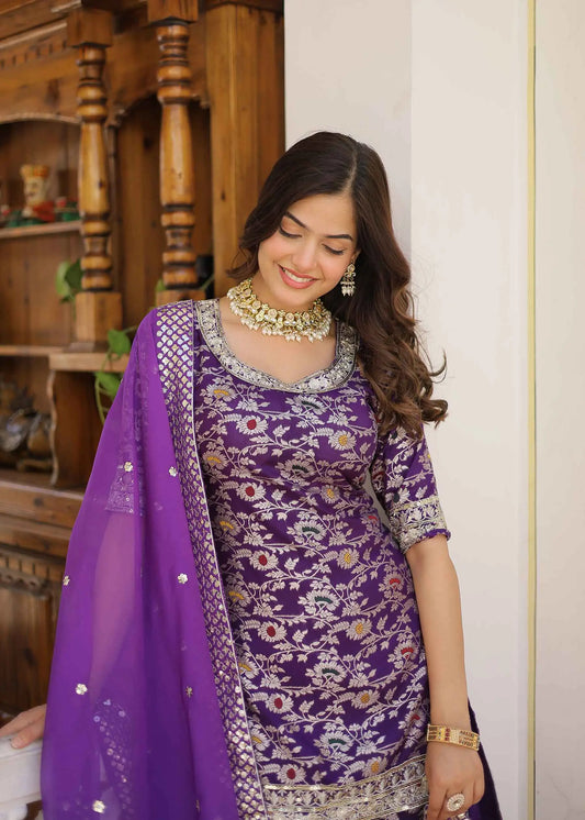Dark Purple Jacquard Embroidery Work Sharara Suit With Dupatta