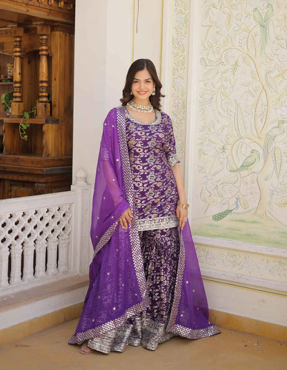 Dark Purple Jacquard Embroidery Work Sharara Suit With Dupatta