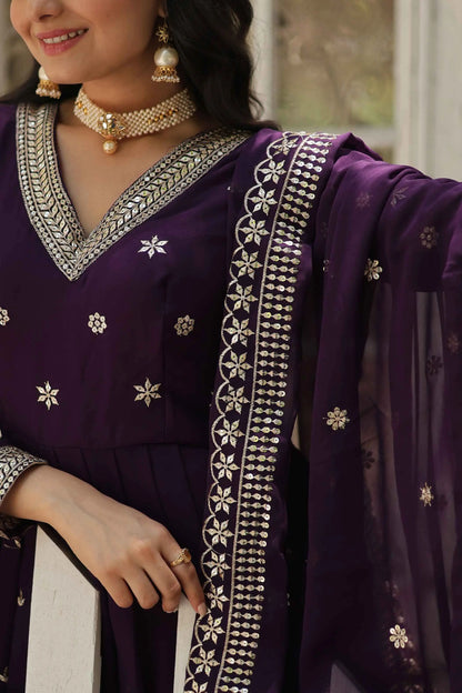 Dark Purple Gown Zari Sequins Embroidery Work And Dupatta