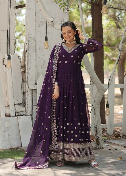 Dark Purple Gown Zari Sequins Embroidery Work And Dupatta