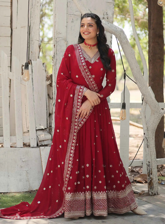 Merlot Red Gown Zari Sequins Embroidery Work And Dupatta