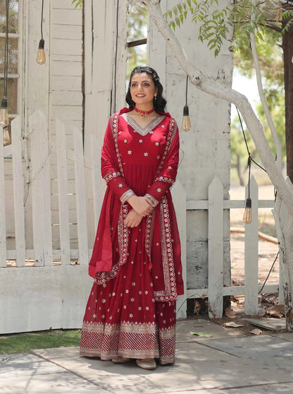 Merlot Red Gown Zari Sequins Embroidery Work And Dupatta