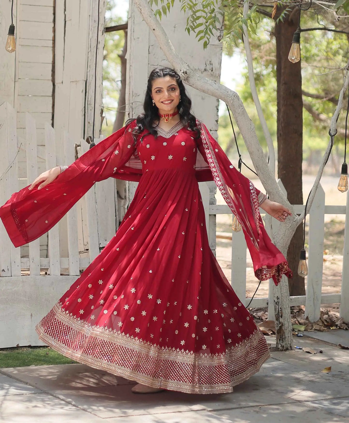 Merlot Red Gown Zari Sequins Embroidery Work And Dupatta