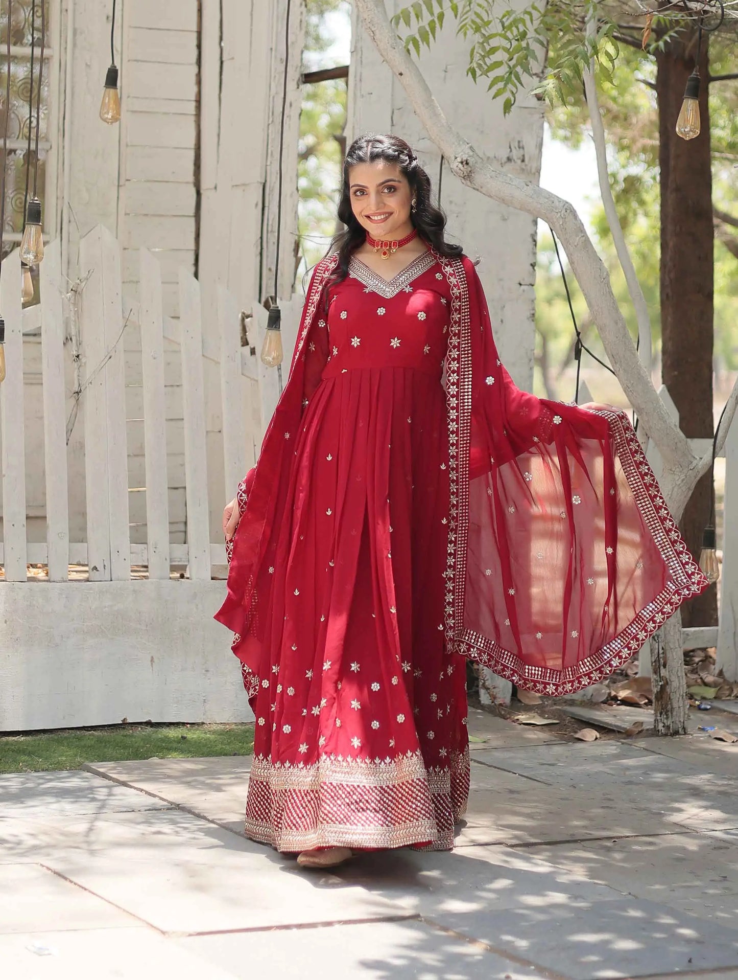 Merlot Red Gown Zari Sequins Embroidery Work And Dupatta