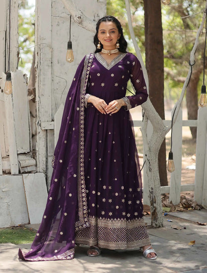 Dark Purple Gown Zari Sequins Embroidery Work And Dupatta