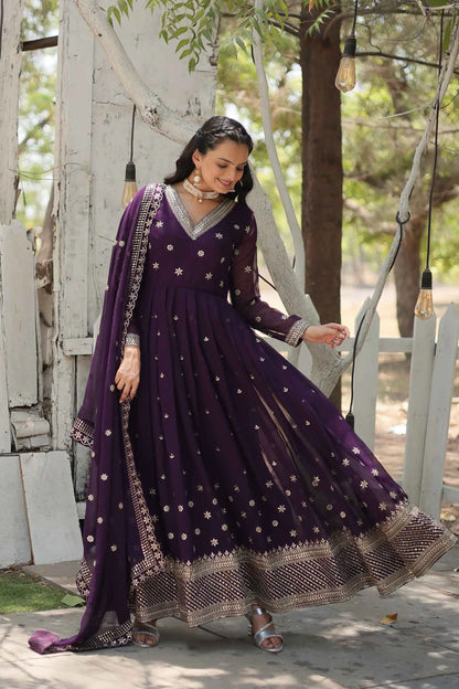 Dark Purple Gown Zari Sequins Embroidery Work And Dupatta