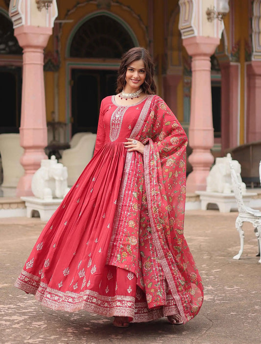 Bean Red Sequins Embroidery Work Gown With Print Dupatta