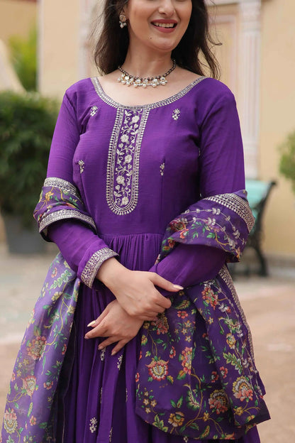 Dark Purple Sequins Embroidery Work Gown With Print Dupatta