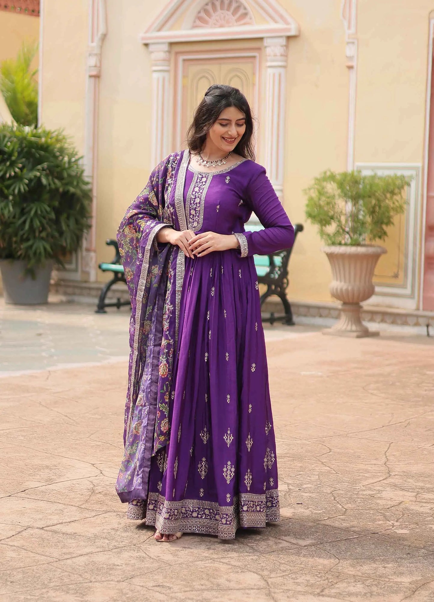 Dark Purple Sequins Embroidery Work Gown With Print Dupatta