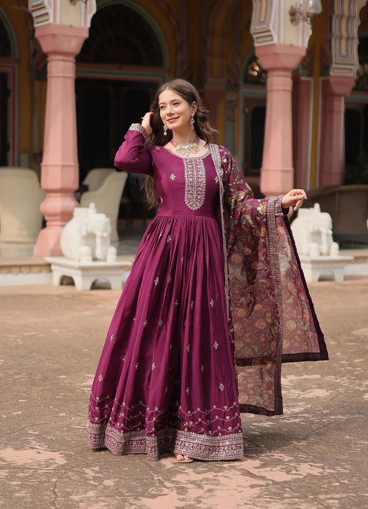 Dark Raspberry Sequins Embroidery Work Gown With Print Dupatta