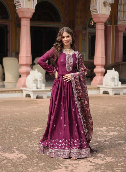 Dark Raspberry Sequins Embroidery Work Gown With Print Dupatta