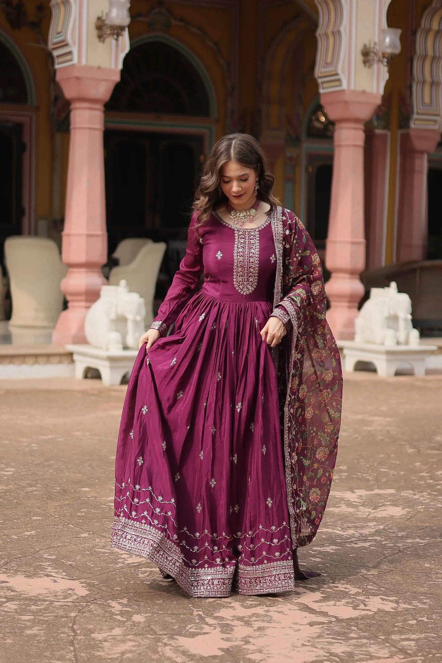 Dark Raspberry Sequins Embroidery Work Gown With Print Dupatta