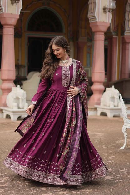 Dark Raspberry Sequins Embroidery Work Gown With Print Dupatta