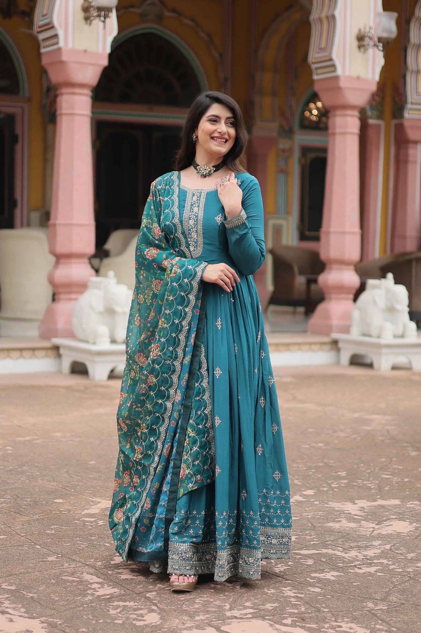 Eastern Blue Sequins Embroidery Work Gown With Print Dupatta