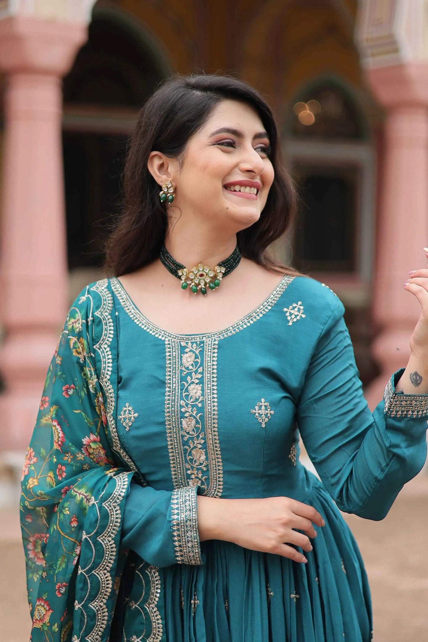 Eastern Blue Sequins Embroidery Work Gown With Print Dupatta