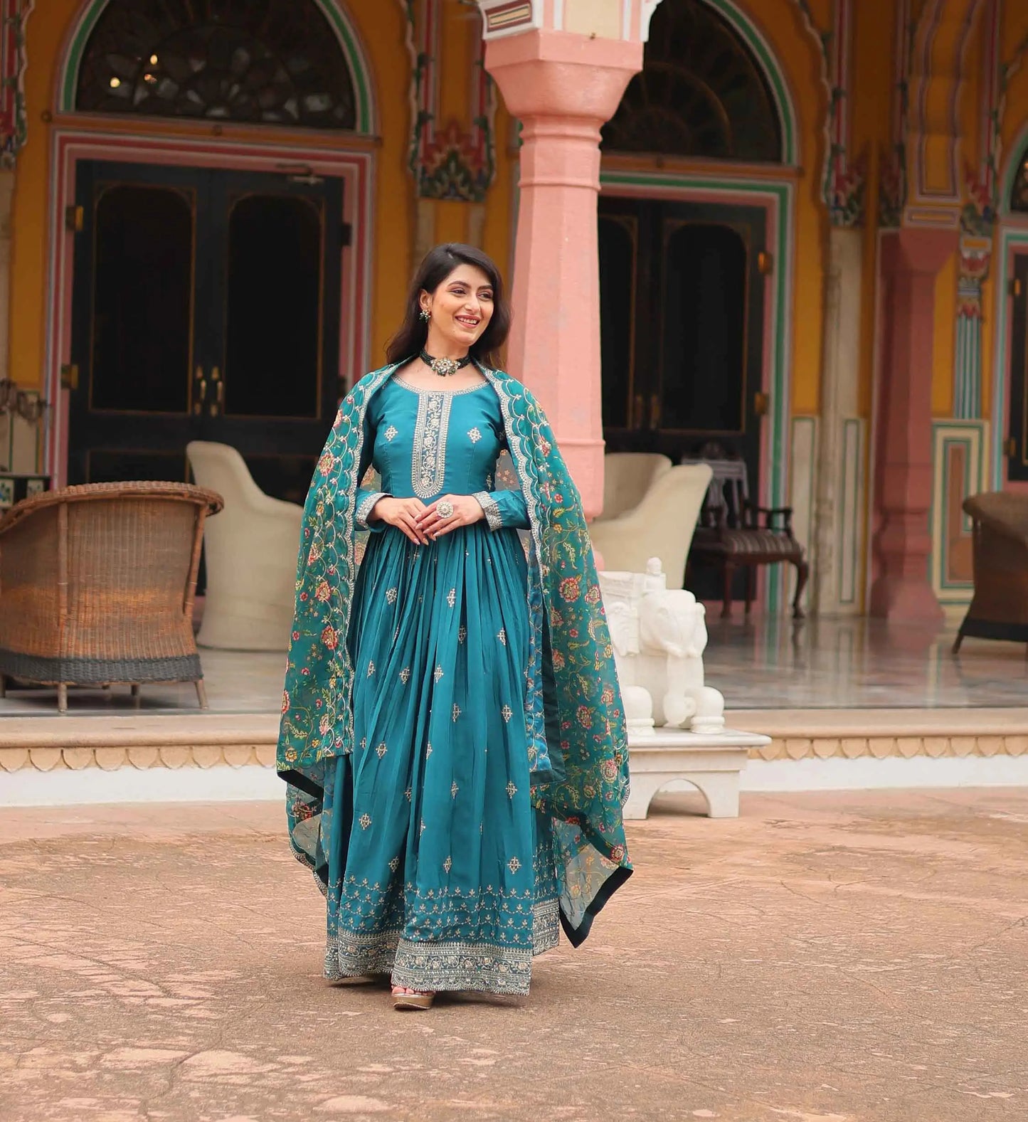 Eastern Blue Sequins Embroidery Work Gown With Print Dupatta