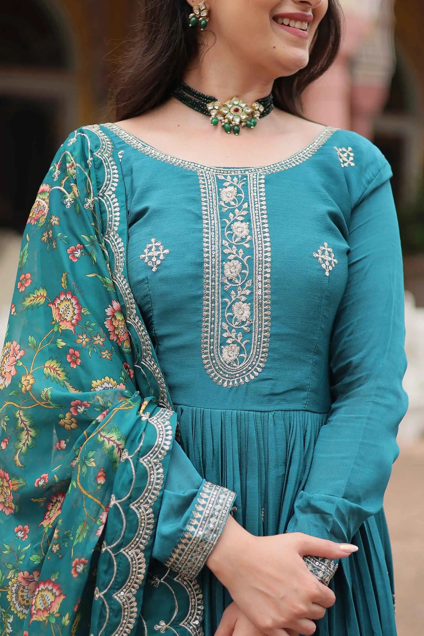 Eastern Blue Sequins Embroidery Work Gown With Print Dupatta