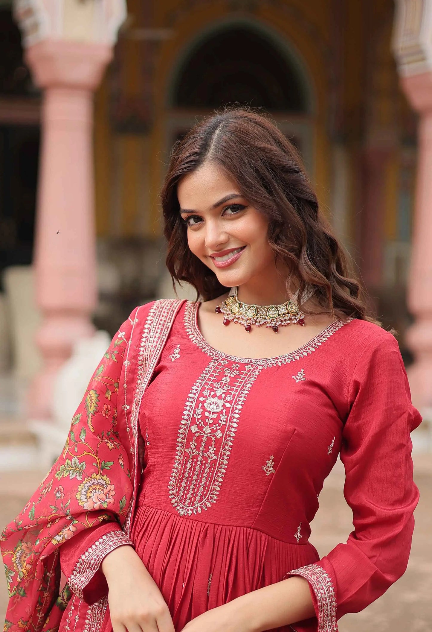 Bean Red Sequins Embroidery Work Gown With Print Dupatta