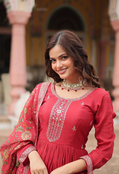 Bean Red Sequins Embroidery Work Gown With Print Dupatta