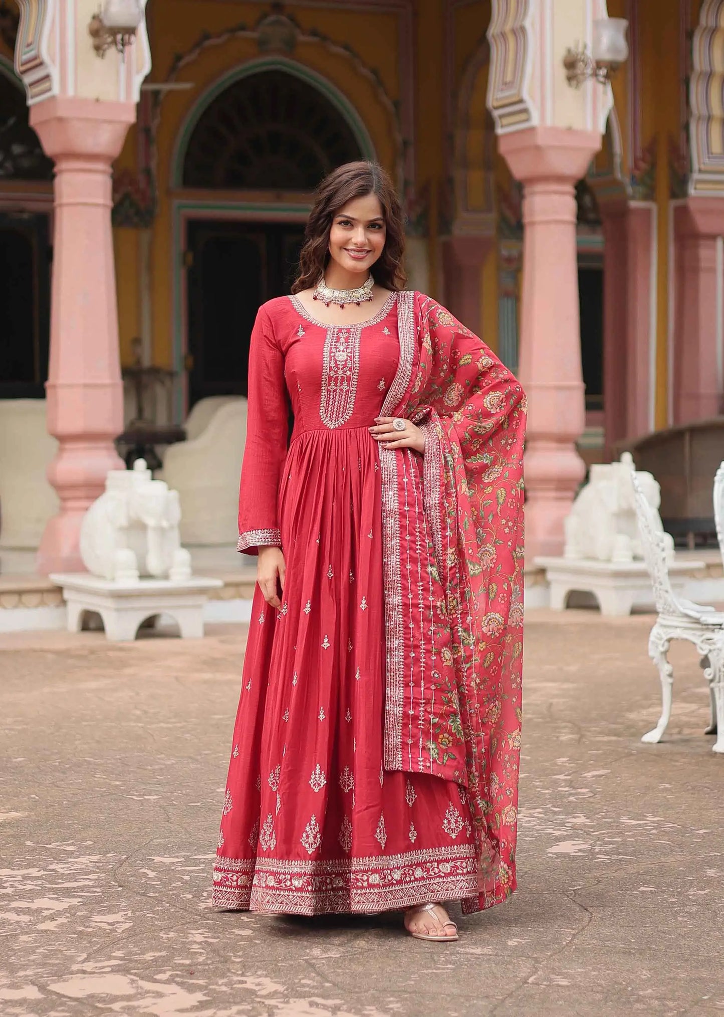Bean Red Sequins Embroidery Work Gown With Print Dupatta