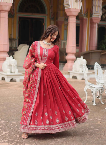Bean Red Sequins Embroidery Work Gown With Print Dupatta