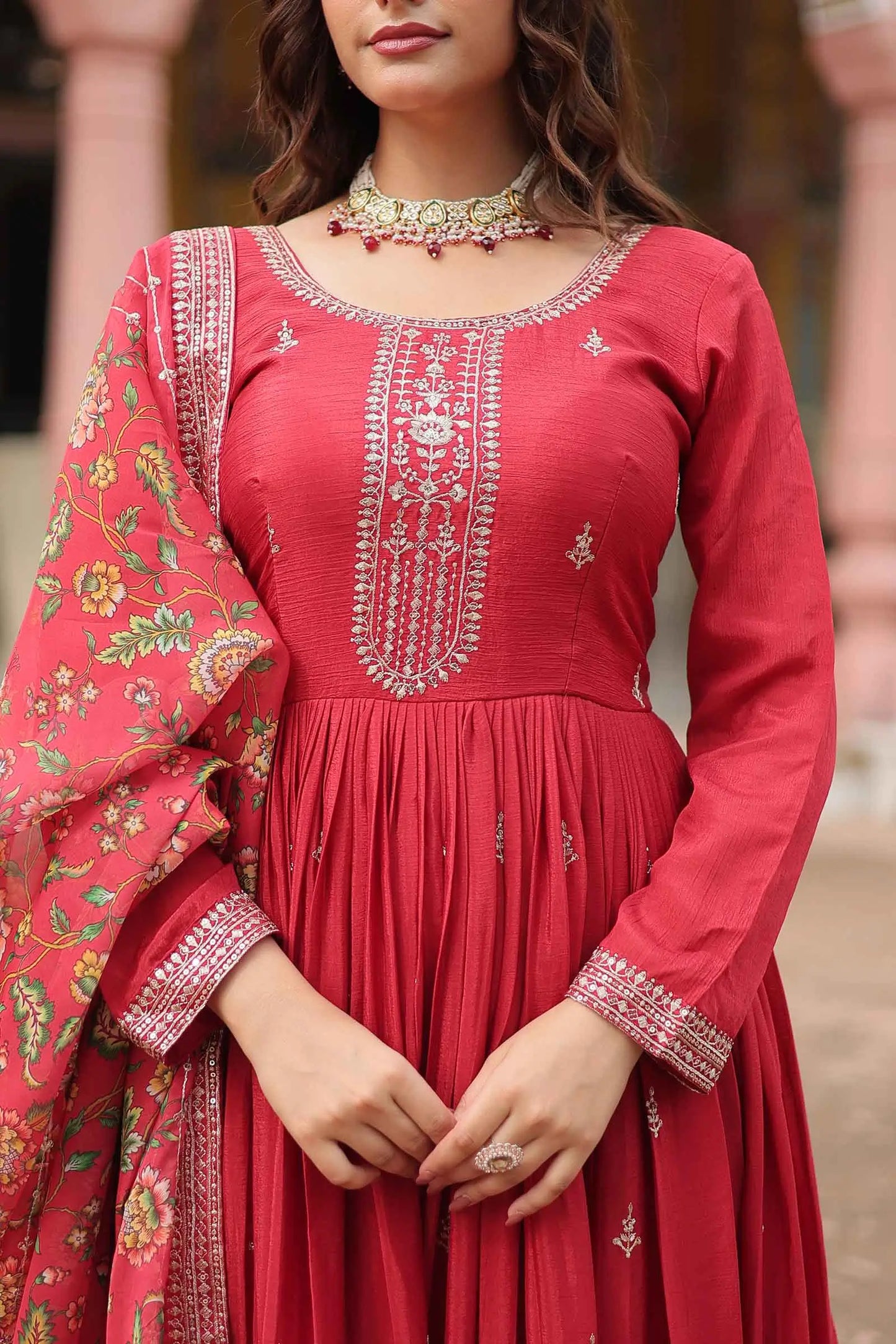 Bean Red Sequins Embroidery Work Gown With Print Dupatta