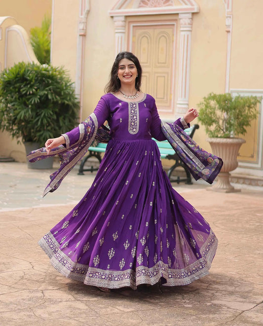 Dark Purple Sequins Embroidery Work Gown With Print Dupatta