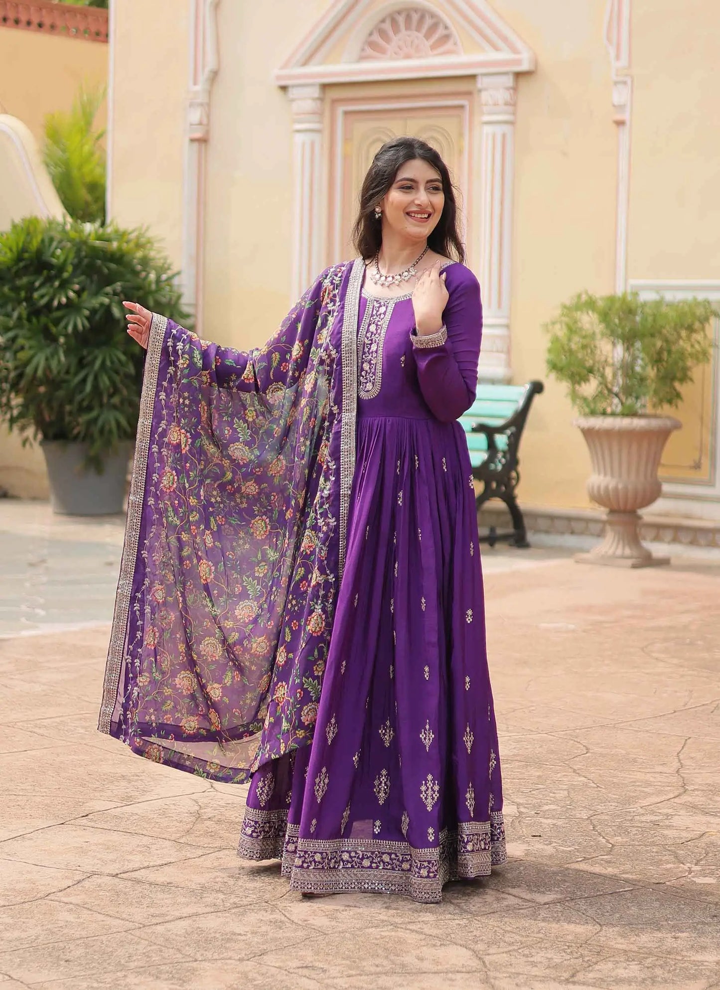 Dark Purple Sequins Embroidery Work Gown With Print Dupatta