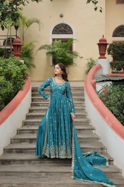 Rama Chinon Rich Sequins Embroidery Work Side Cut Gown With Dupatta And Sharara