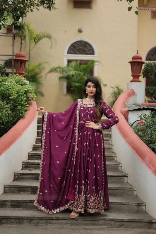 Wine Chinon Rich Sequins Embroidery Work Side Cut Gown With Dupatta And Sharara