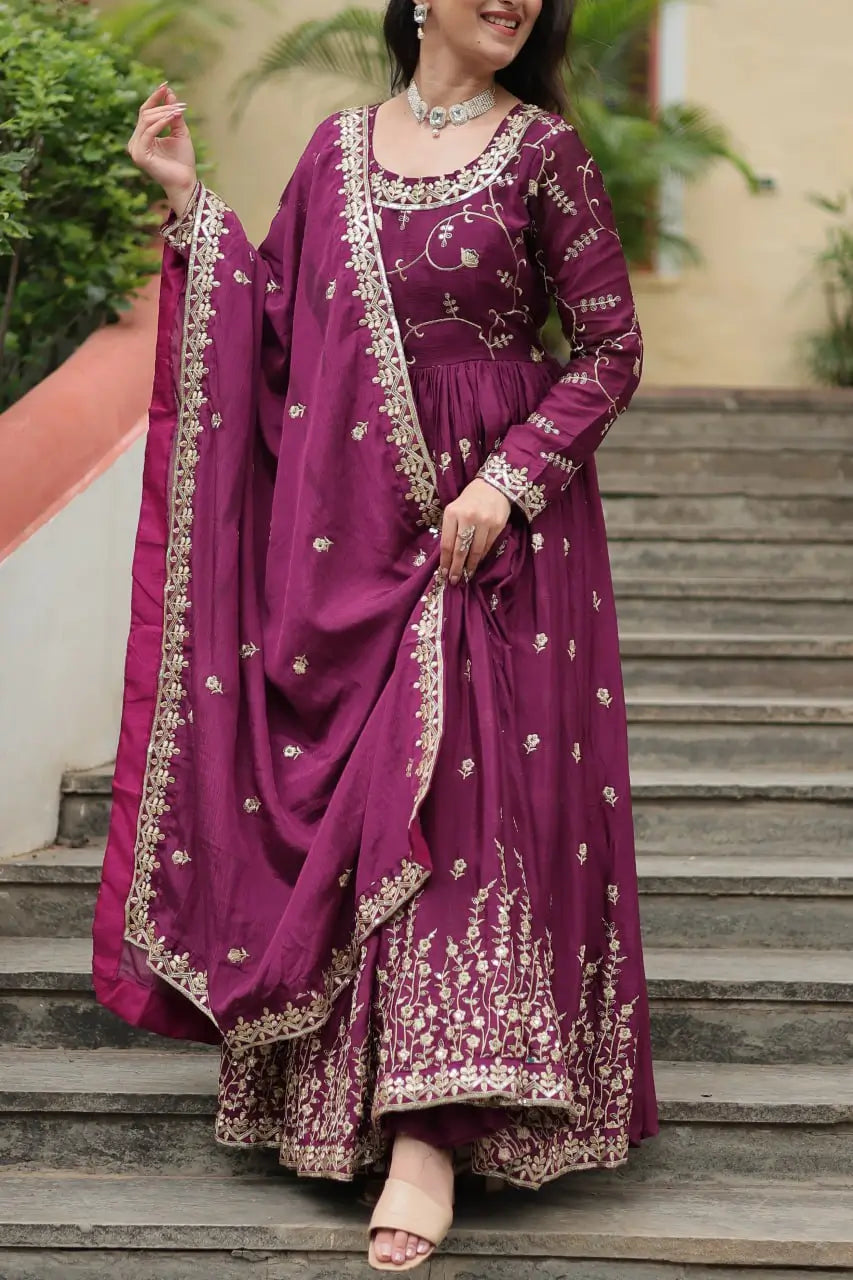 Wine Chinon Rich Sequins Embroidery Work Side Cut Gown With Dupatta And Sharara