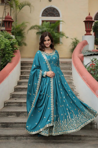 Rama Chinon Rich Sequins Embroidery Work Side Cut Gown With Dupatta And Sharara