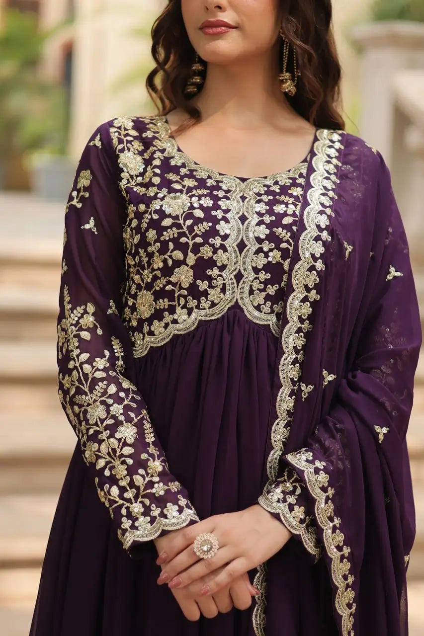 Cinder Wine Georgette Multi Sequins Zari Embroidery Work Gown With Dupatta